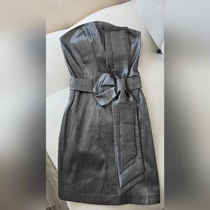 Gray Strapless Cocktail Dress with Pleated Tie Front